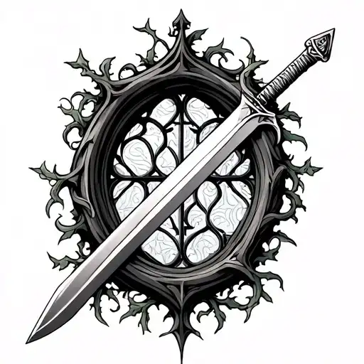 Gothic Church Window And Sword Intertwined With Vines