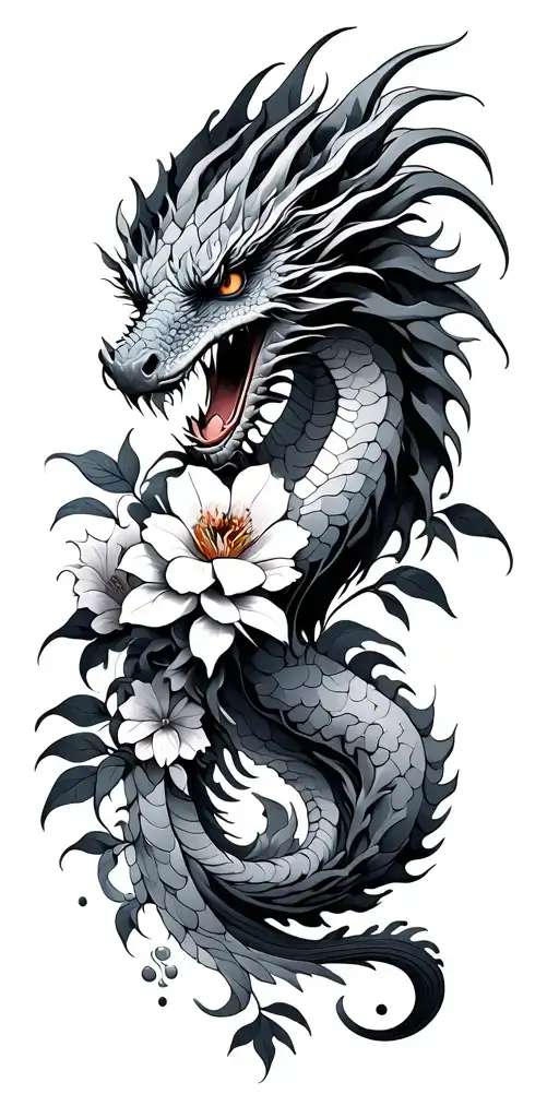 Dragon And Flowers With Waves