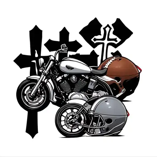 Three Crosses A Motorcycle Leaning Again One Then A Football Helmet Laying Beside One