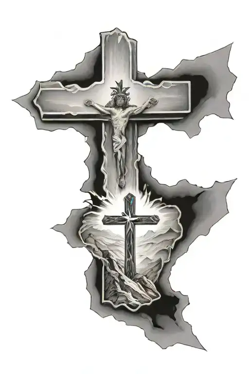 Cross With Jesus On Ones Side And Mountains On The Other