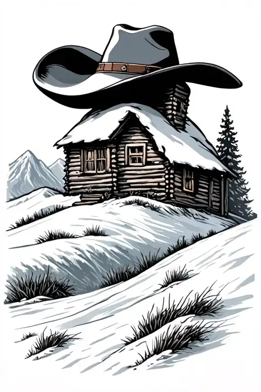 Snowy Mountains With A Cabin With A Cowboy Hat On Top