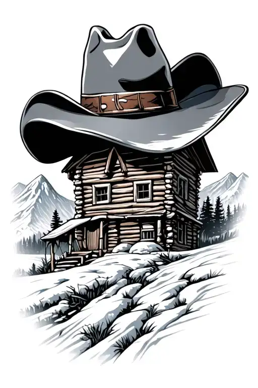Snowy Mountains In The Background With A Cabin With A Cowboy Hat On Top