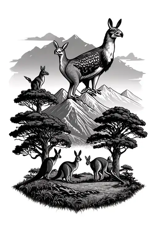 Mountain Range Surrounded By Trees With 4 Kangaroos And A Big Hawks