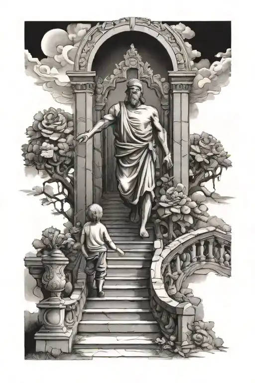 Father And Son On A Stairway Leading To Heavens Gates