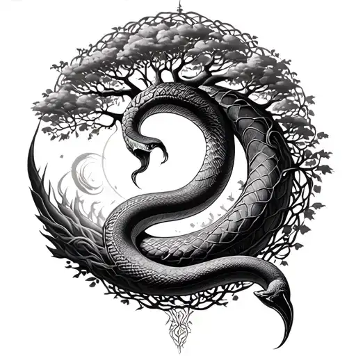 The Tree Of Life With The Snake Of The Enreolled World In The Infinit -Shape Tree