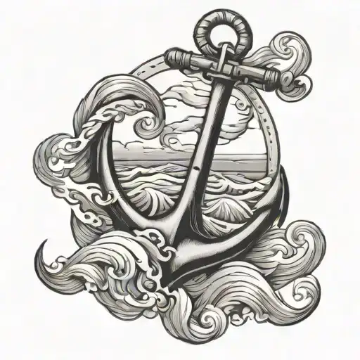 Anchor With Waves Under And Clouds Surrounding