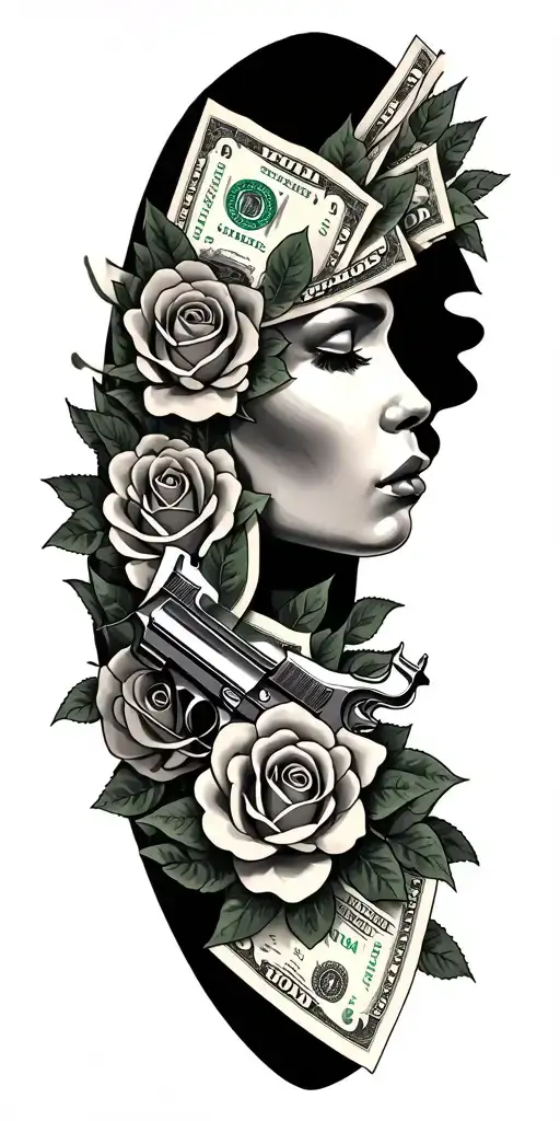 Throat Tattoo Featuring 100 Dollar Bills Forming The Shape With Roses And Banditas Holding Pistols
