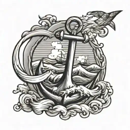 Anchor With Waves Under And Clouds Over With Some Seagulls