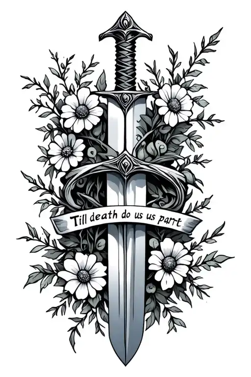 Sword With Wildflowers And Vines Wrapped Around It And Til Death Do Us Part Engraved On The Sword