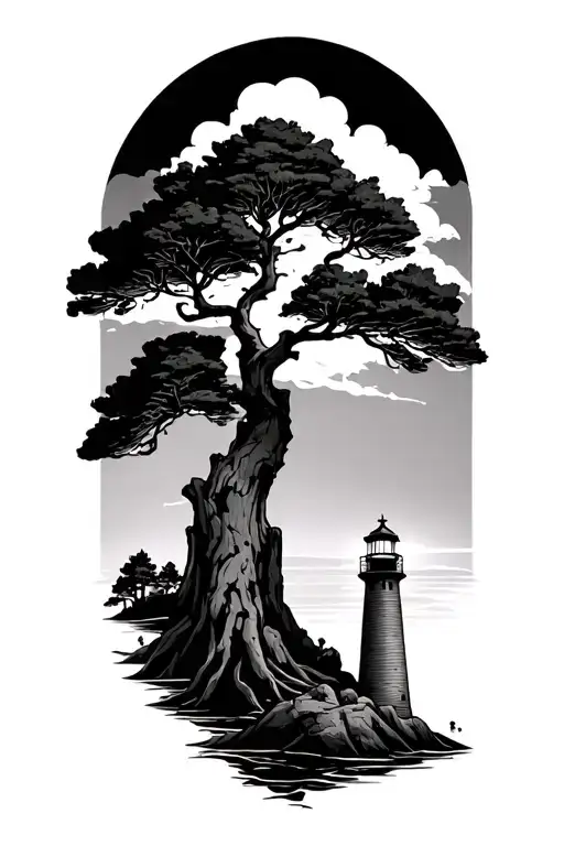 Cypress Tree And Lighthouse Standing Tall Amidst