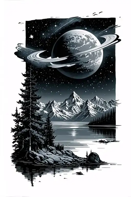 Space Sky With Mountains And Lake Scene