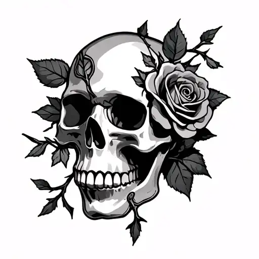 Skull With Rose And Thorn Vines Wrapping On The Hand