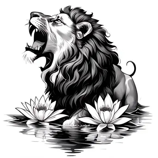 Lion Roaring With Water Lilys