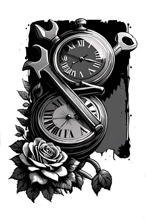 Vintage Clock With Wrench And Hammer And Roses