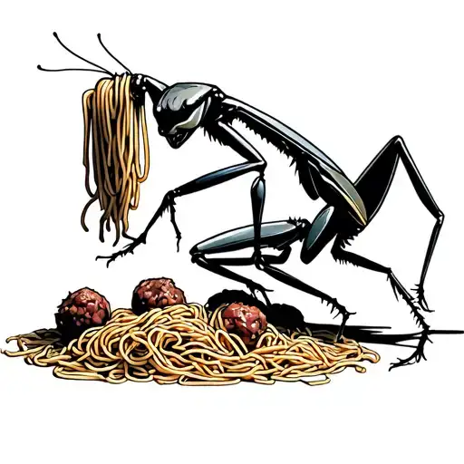 Aborignal Praying Mantis Eating Spaghetti And Meatballs