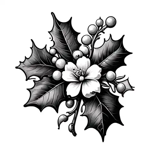 Holly Flower And Berry Flower Intertwined Fineline