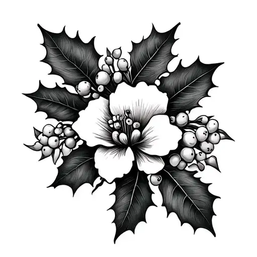 Holly Flower And Berry Flower Intertwined Fineline Long For Back