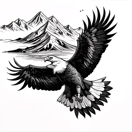 A Detailed Tattoo Of A Majestic Eagle Soaring Over A Mountain Range