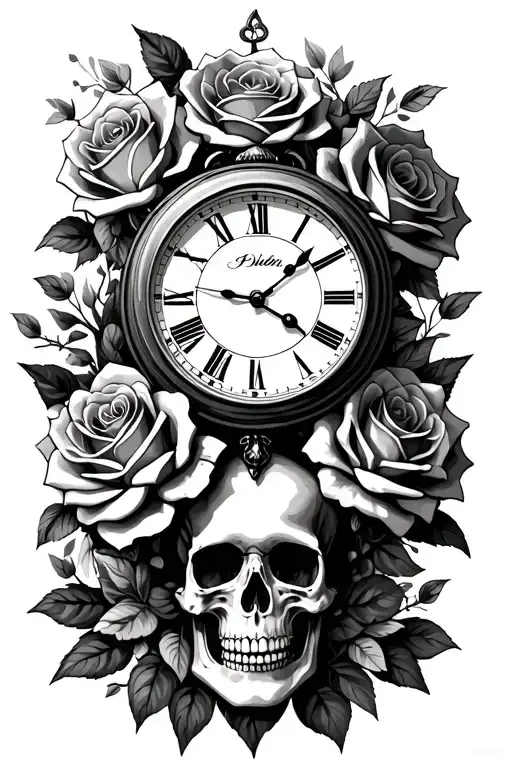 Clock With Roses And Skulls