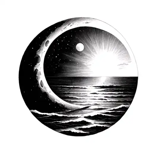 Sunrise Over The Horizon And A Small Moon On The Side The Moon Is Arc Moon Make It For A Tatoo