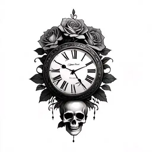 Clock With Roses And Skulls