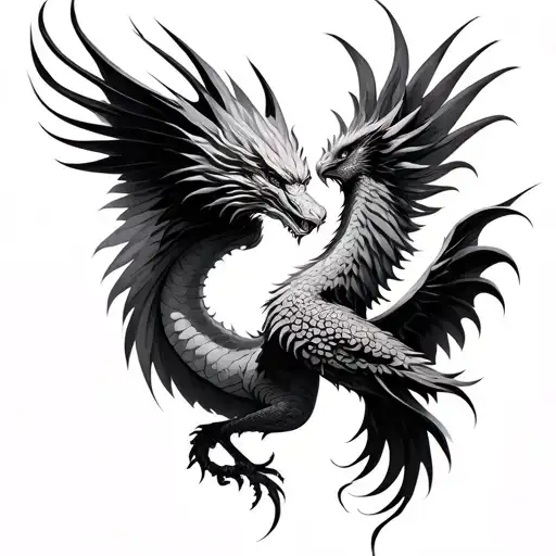 Dragon And Phoenix Flying Head On Into Each Other