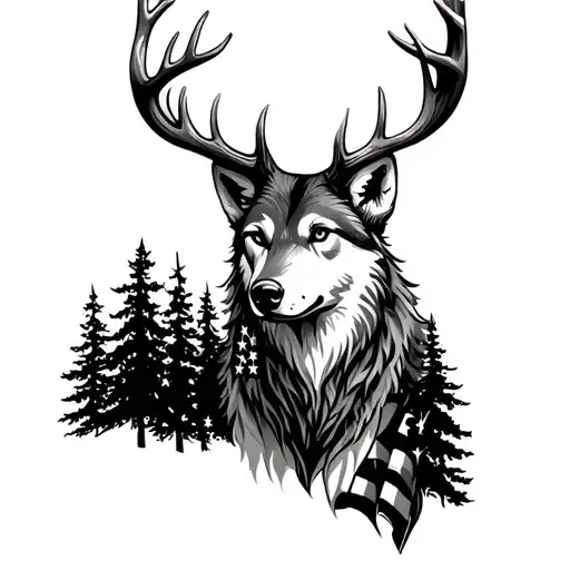 Wolf Deer Head With Trees And American Flag