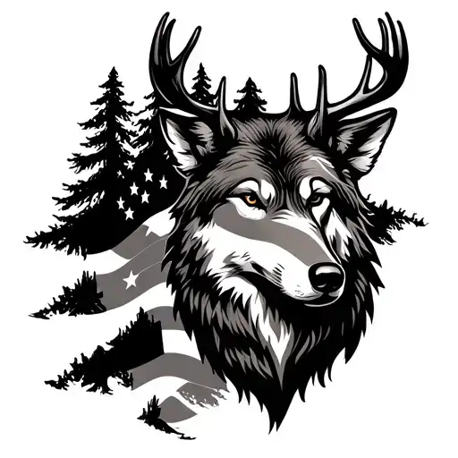 Wolf Deer Head With Trees And American Flag Intertwined