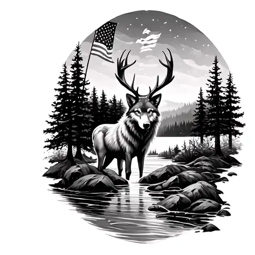Wolf Deer With Trees And American Flag River