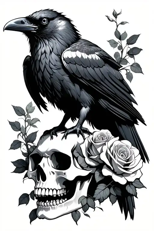 Raven Standing On Skull With Roses Growing Up