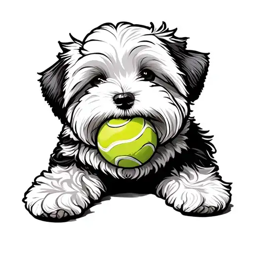 White Fluffy Dog With Tennis Ball Outline