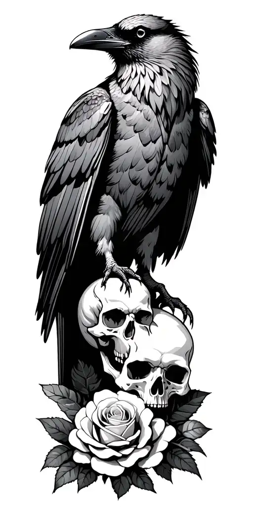 Raven Standing On Ground With Skull And Roses Growing Up