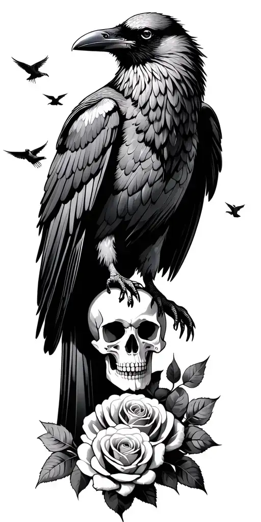 Raven Standing On Ground With Skull And Roses Growing Up And Ravens Flying