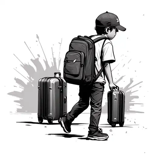Realism Kid With A Backpack And Suitcase And Cap That Walk From Behind