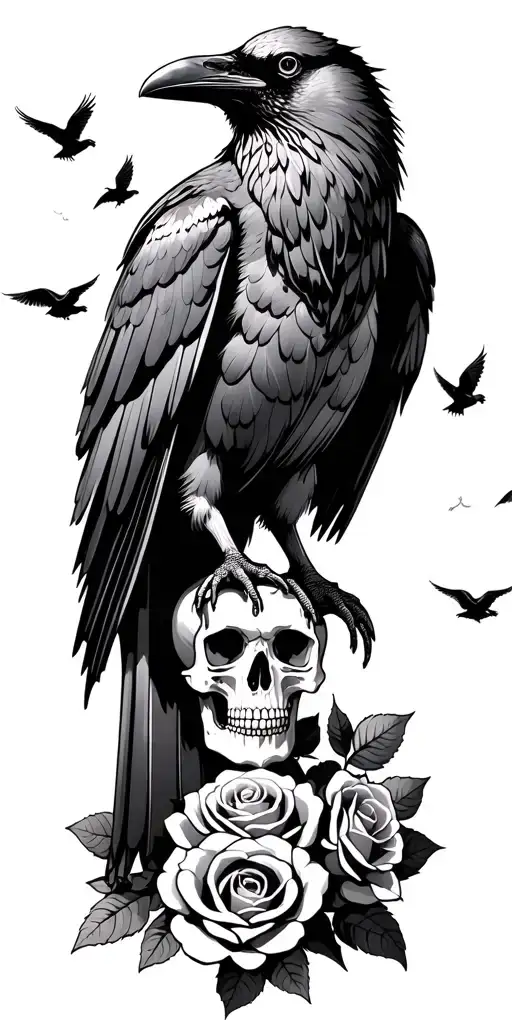 Raven Standing On Ground With Skull And Roses Growing Up And Ravens Flying