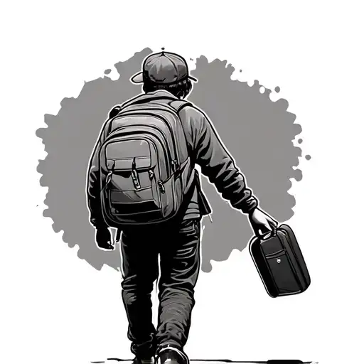 Realism Kid With A Backpack And Case On The Right Hand And Cap That Walk From Behind