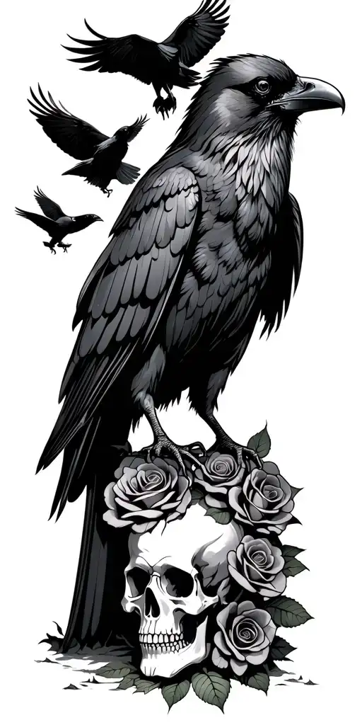 Raven Standing On Ground With Skull And Roses Growing Up And Ravens Flying