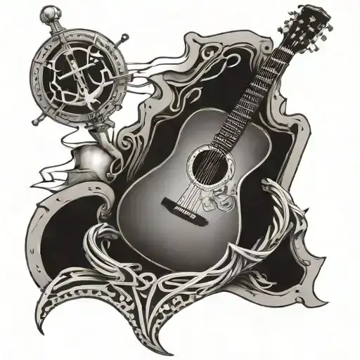 Black And White Tattoo Of An Acoustic Guitar In A Ship Anchor