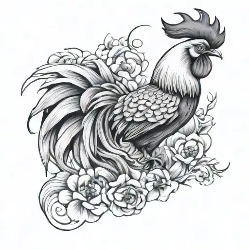 Rooster With Wave And Peony Flower Intertwined