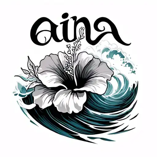 The Word Aina In A Wave With A Habiscus Flower And A Wave