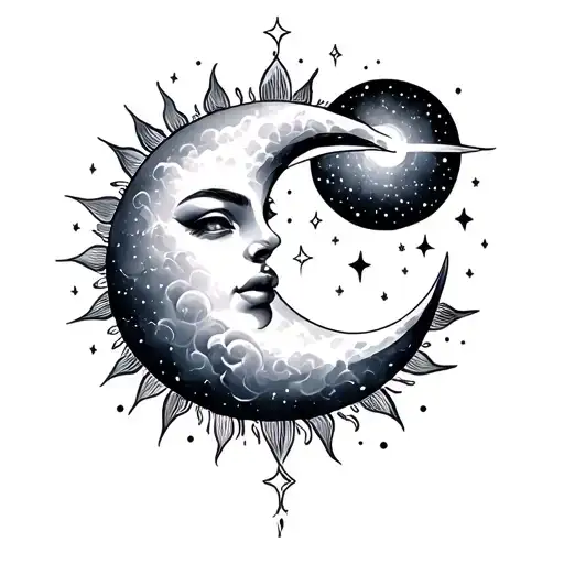 Sun And Moon With Clouds And Stars