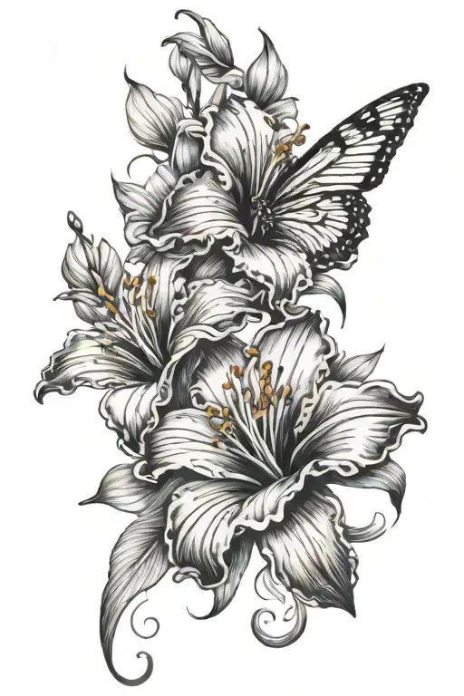 Lily Flower And Hibiscus Flower And Butterflies And Bees