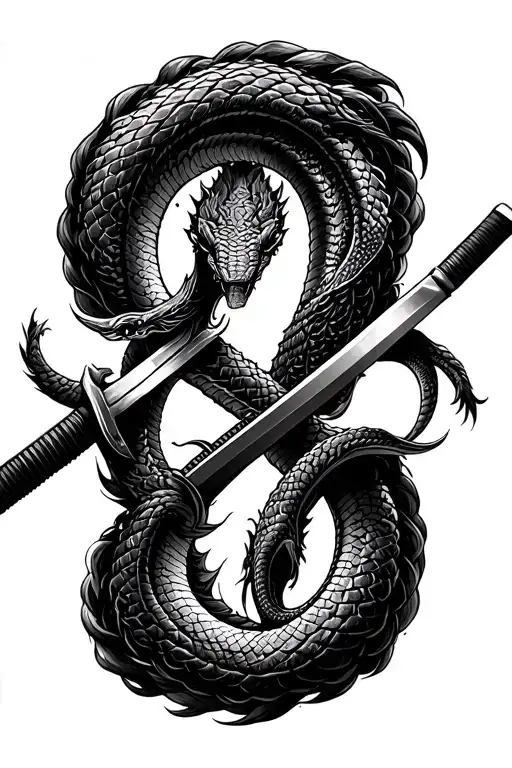 2 Mythological Serpent In Infinity Symbol In Between A Katana Going