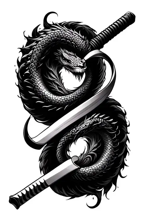 2 Japanese Mythological Serpent In Infinity Symbol In Between A Katana Peircing