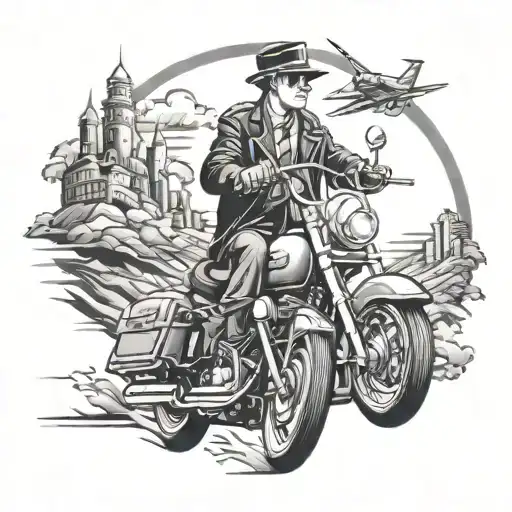 Design A Black-grey Tattoo Of A Chauffeur Driving A Harley Davidson Through A Musical Landscape