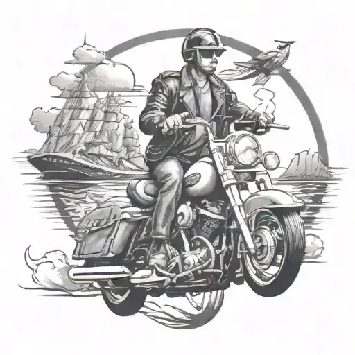 Design A Black-grey Tattoo Of A Chauffeur Driving A Harley Davidson Through A Musical Landscape