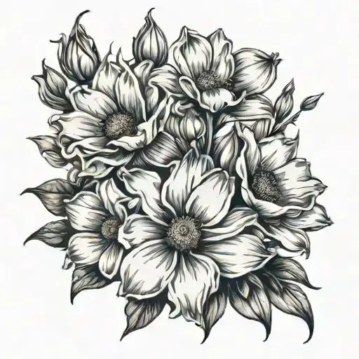 Fine Line Tattoo Bouquet Of 3 Daisys 1 Cosmos 1 Daffodil And 1 Gladiolus