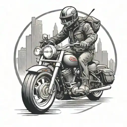 Create A Black-grey Tattoo Of A Drummer Riding A Harley Davidson Through A Music-themed Cityscape