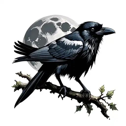 Raven Sitting On A Branch Against The Background Of The Moon