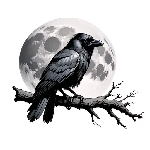 Raven Sitting On A Branch Against The Background Of The Moon